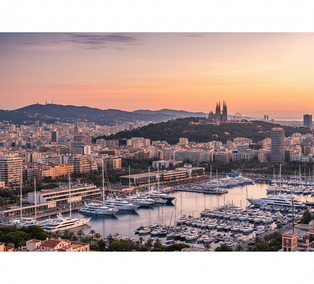 Barcelona harbour and skyline at sunset